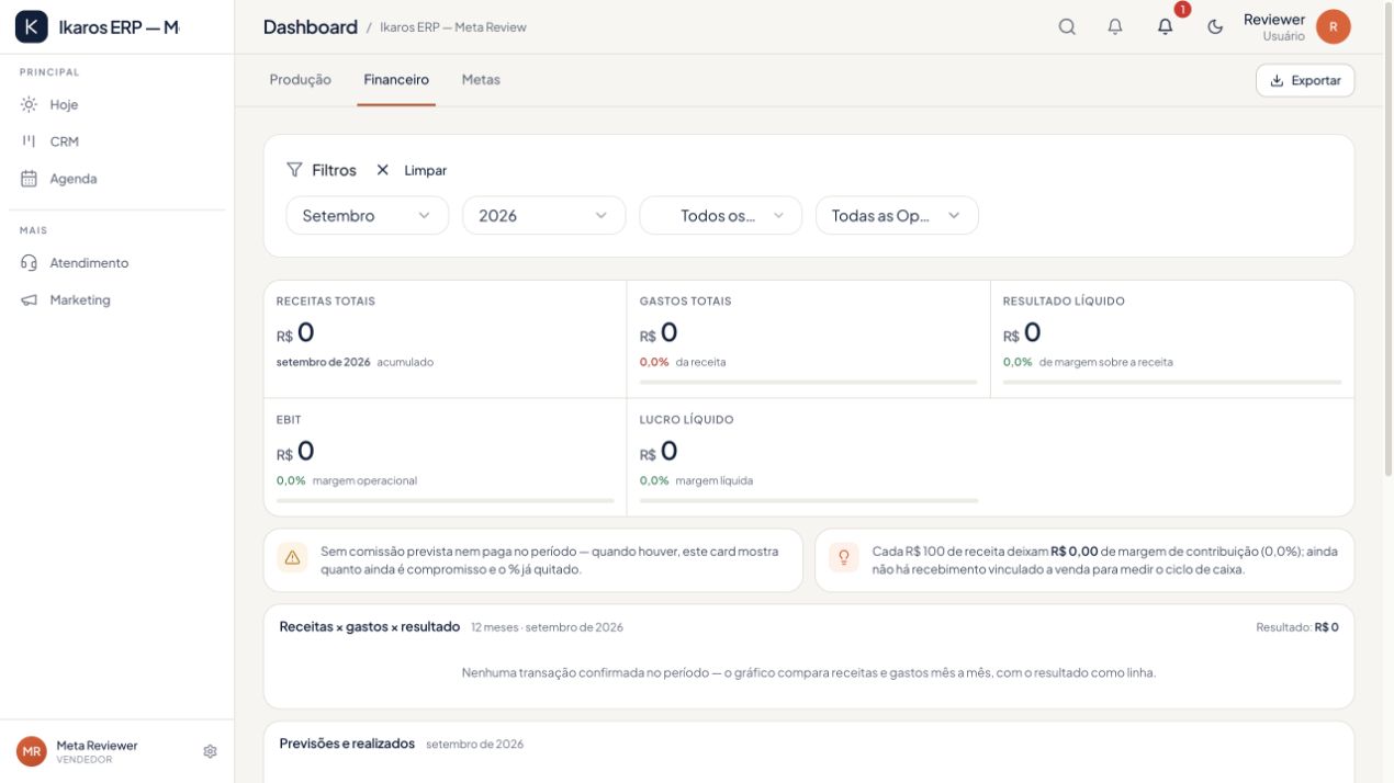 Tela real do financeiro do Ikaros ERP, com visão de receitas, gastos e resultado